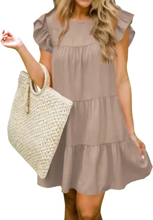 Women's Short Dresses Summer Round Neck Ruffle Sleeve Solid Color Beach Flowy Short Tunic Mini Dress Casual, S-2XL