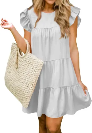 Women's Short Dresses Summer Round Neck Ruffle Sleeve Solid Color Beach Flowy Short Tunic Mini Dress Casual, S-2XL
