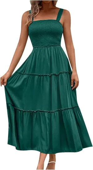 Womens Spaghetti Strap Smocked Midi Dresses Simple Solid Color Sun Dresses Trendy Flowy Tiered Beach Dress