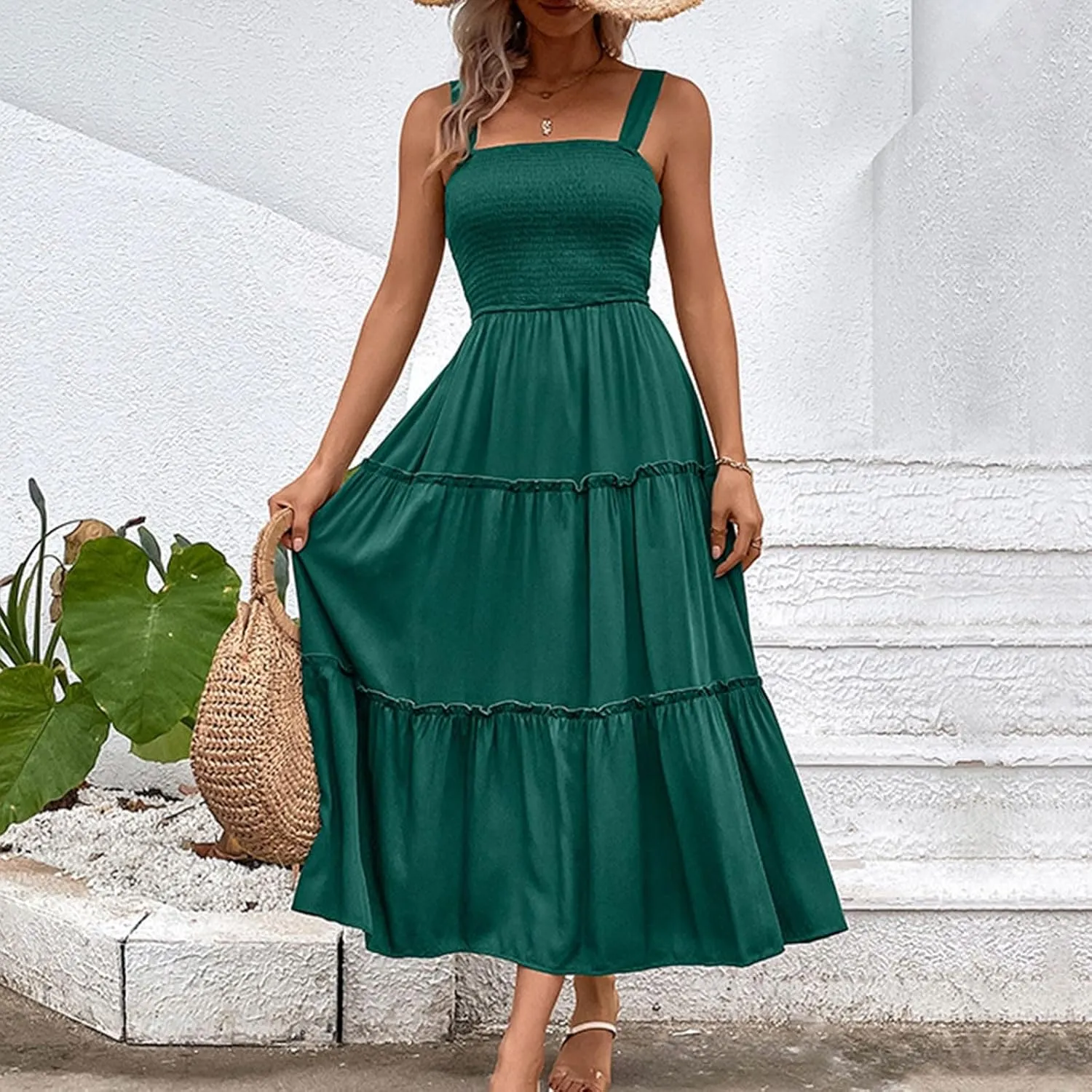 Womens Spaghetti Strap Smocked Midi Dresses Simple Solid Color Sun Dresses Trendy Flowy Tiered Beach Dress