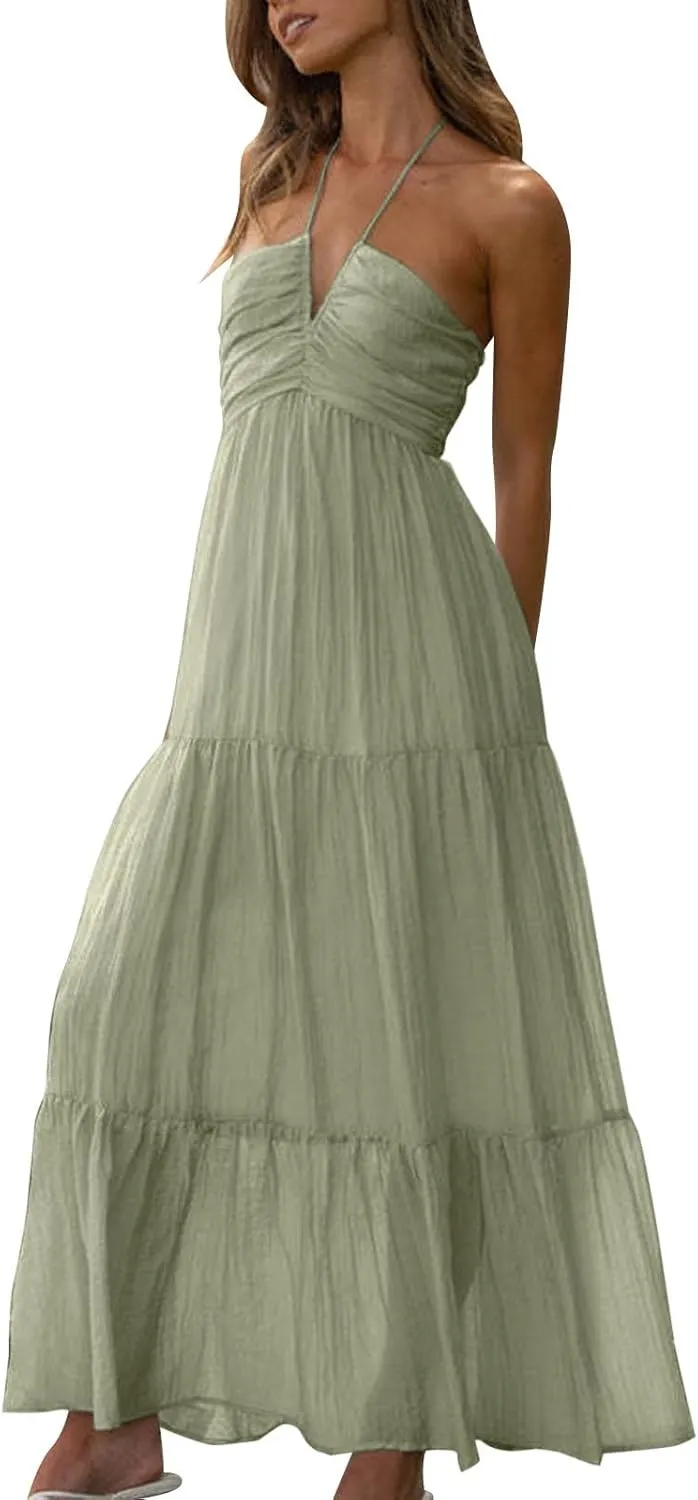Womens Spaghetti Strap Summer Maxi Dress 2025 Square Neck Casual Printed Dress Boho Floral Beach Sundress
