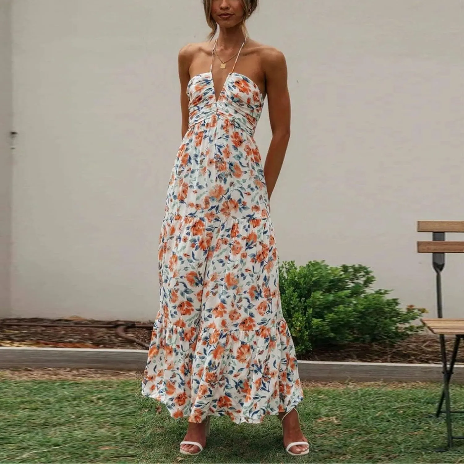 Womens Spaghetti Strap Summer Maxi Dress 2025 Square Neck Casual Printed Dress Boho Floral Beach Sundress