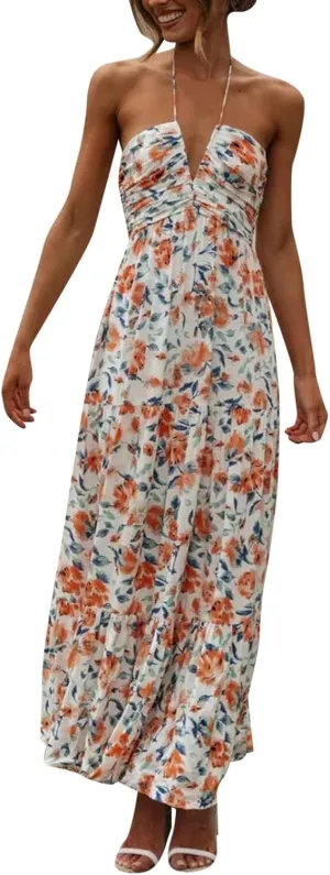 Womens Spaghetti Strap Summer Maxi Dress 2025 Square Neck Casual Printed Dress Boho Floral Beach Sundress