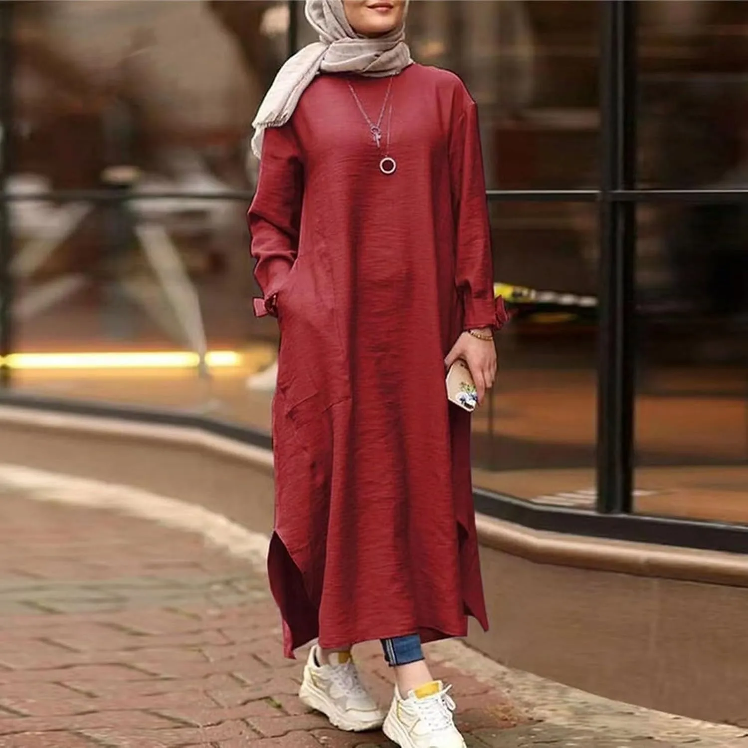 Women's Spring Dresses 2025 Summer Casual Trendy Loose Long Sleeve Crew Neck Solid Maxi Muslim Dresses, S-XL