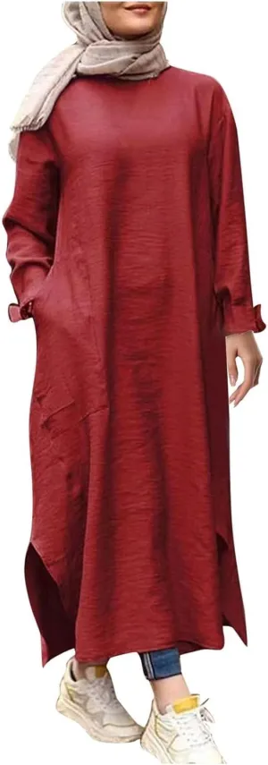 Women's Spring Dresses 2025 Summer Casual Trendy Loose Long Sleeve Crew Neck Solid Maxi Muslim Dresses, S-XL