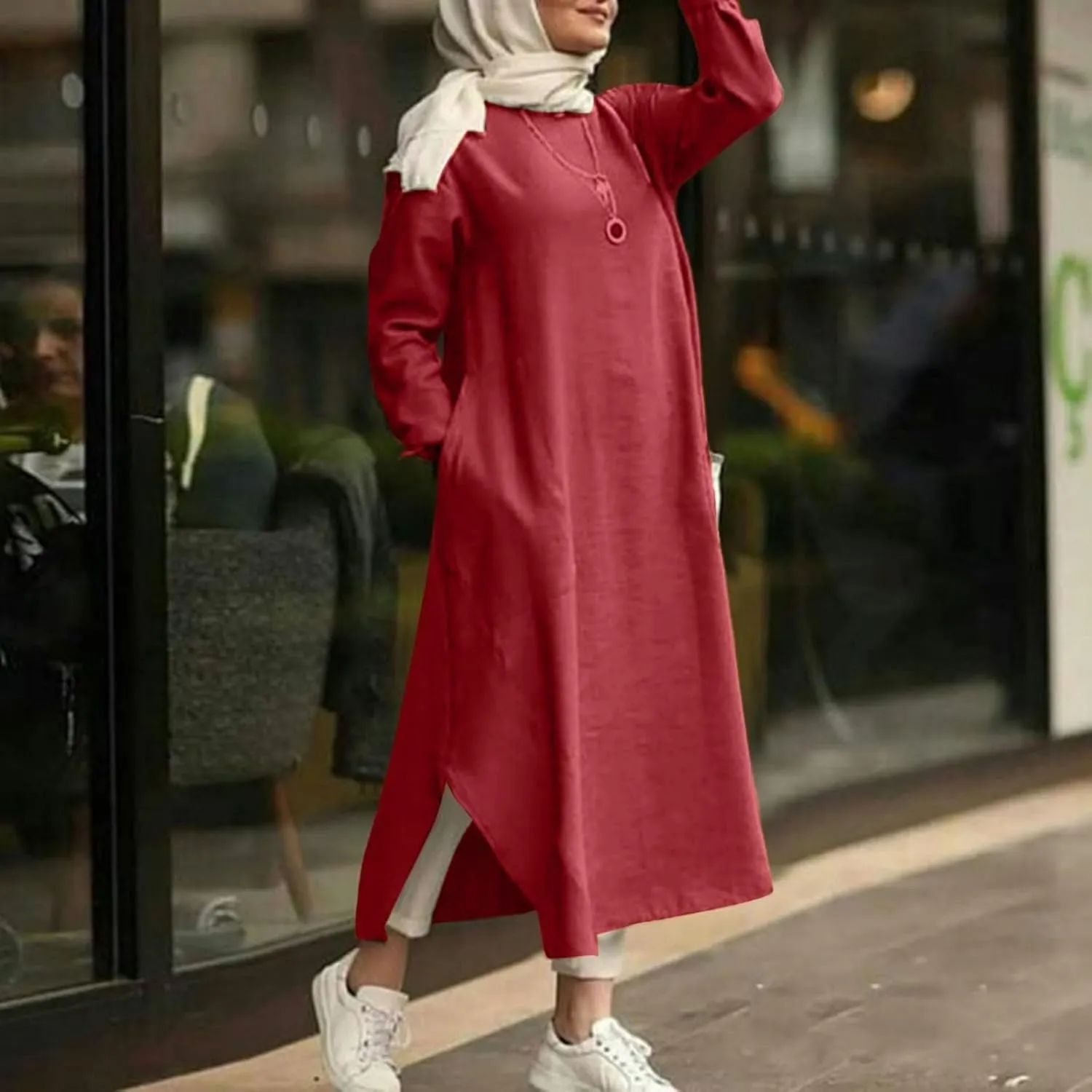 Women's Spring Dresses 2025 Summer Casual Trendy Loose Long Sleeve Crew Neck Solid Maxi Muslim Dresses, S-XL