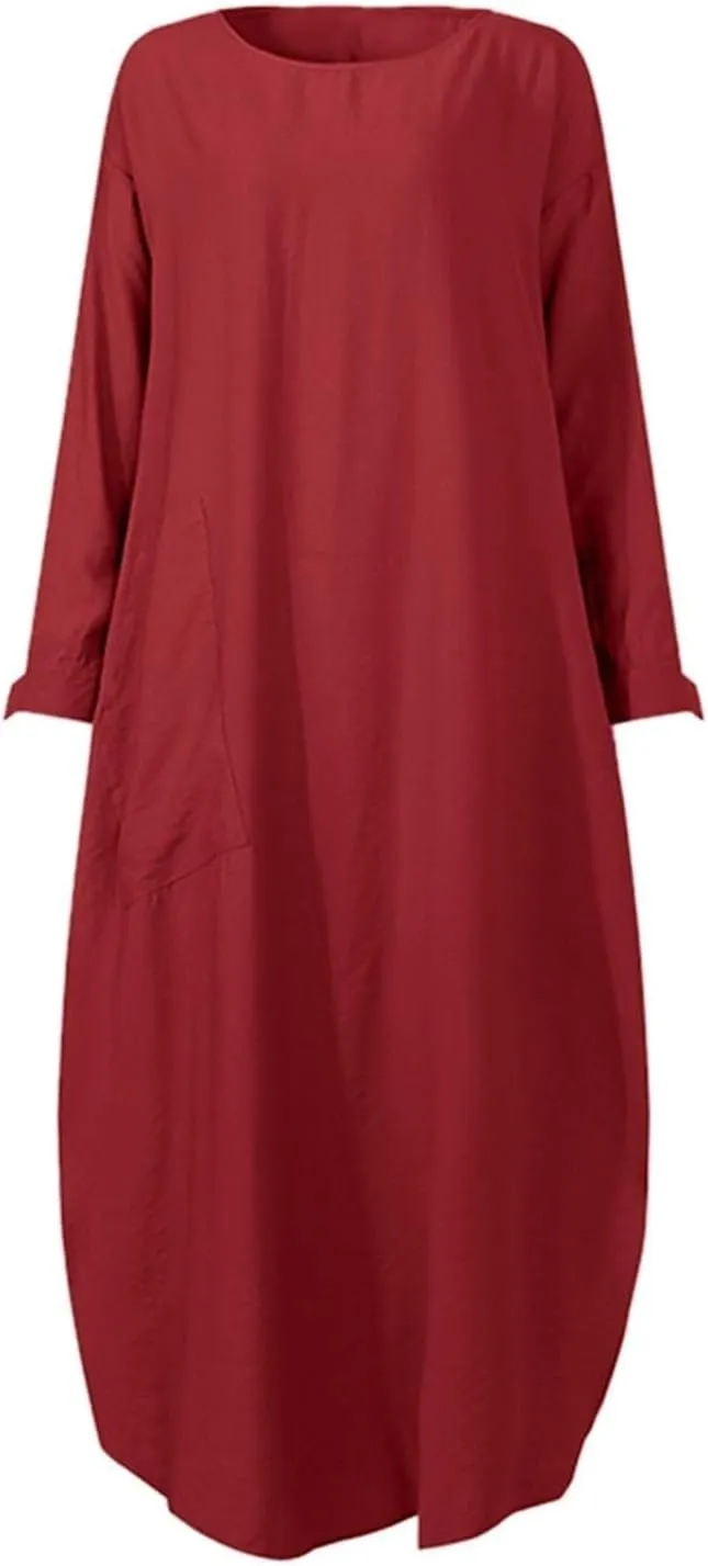 Women's Spring Dresses 2025 Summer Casual Trendy Loose Long Sleeve Crew Neck Solid Maxi Muslim Dresses, S-XL