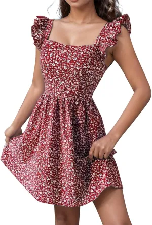Womens Square Neck Ruffle Strap Mini Dresses High Waist Tunic Floral Bohemia Elegant Sundress 2024 Summer Beach Holiday Dress