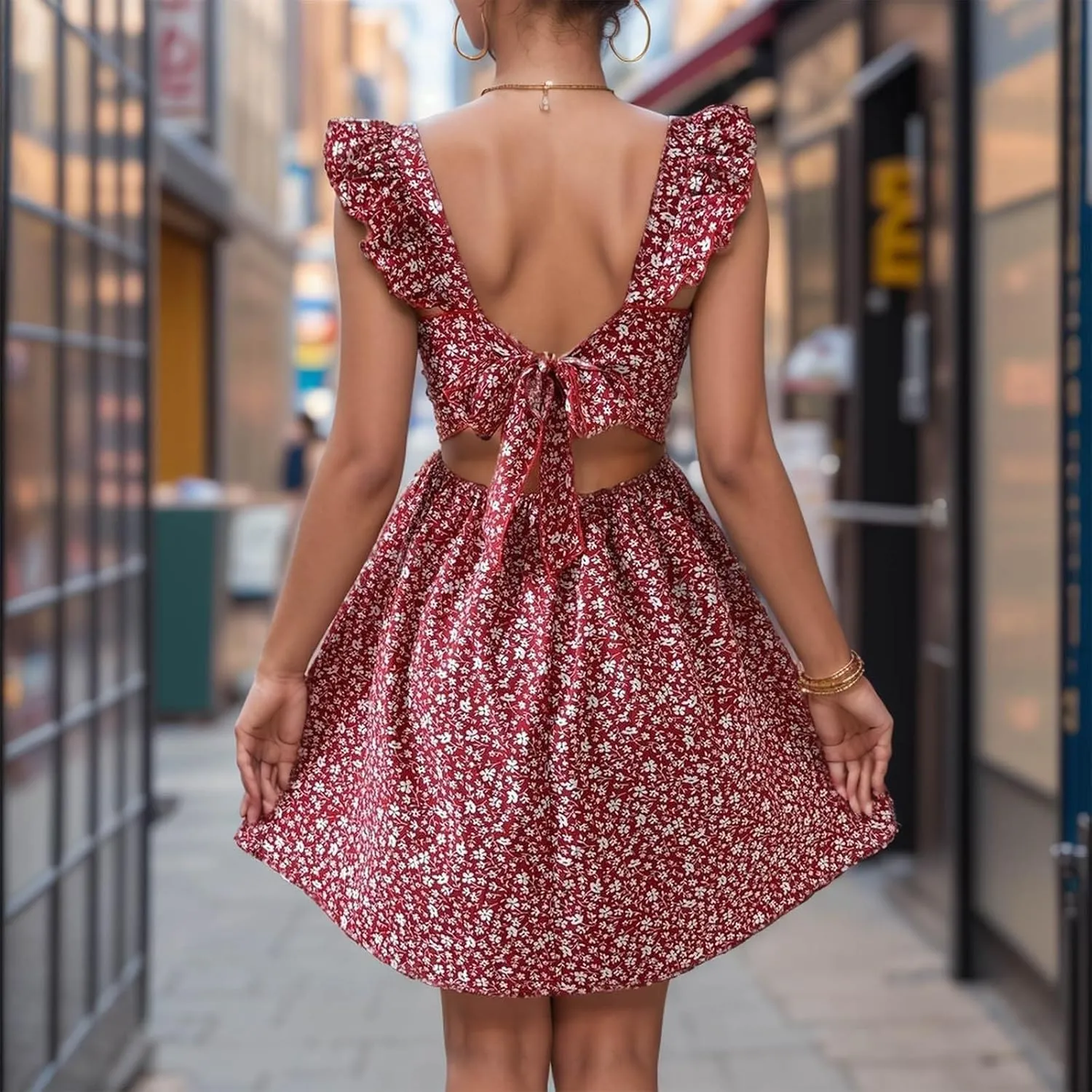 Womens Square Neck Ruffle Strap Mini Dresses High Waist Tunic Floral Bohemia Elegant Sundress 2024 Summer Beach Holiday Dress