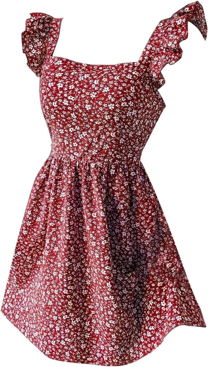 Womens Square Neck Ruffle Strap Mini Dresses High Waist Tunic Floral Bohemia Elegant Sundress 2024 Summer Beach Holiday Dress