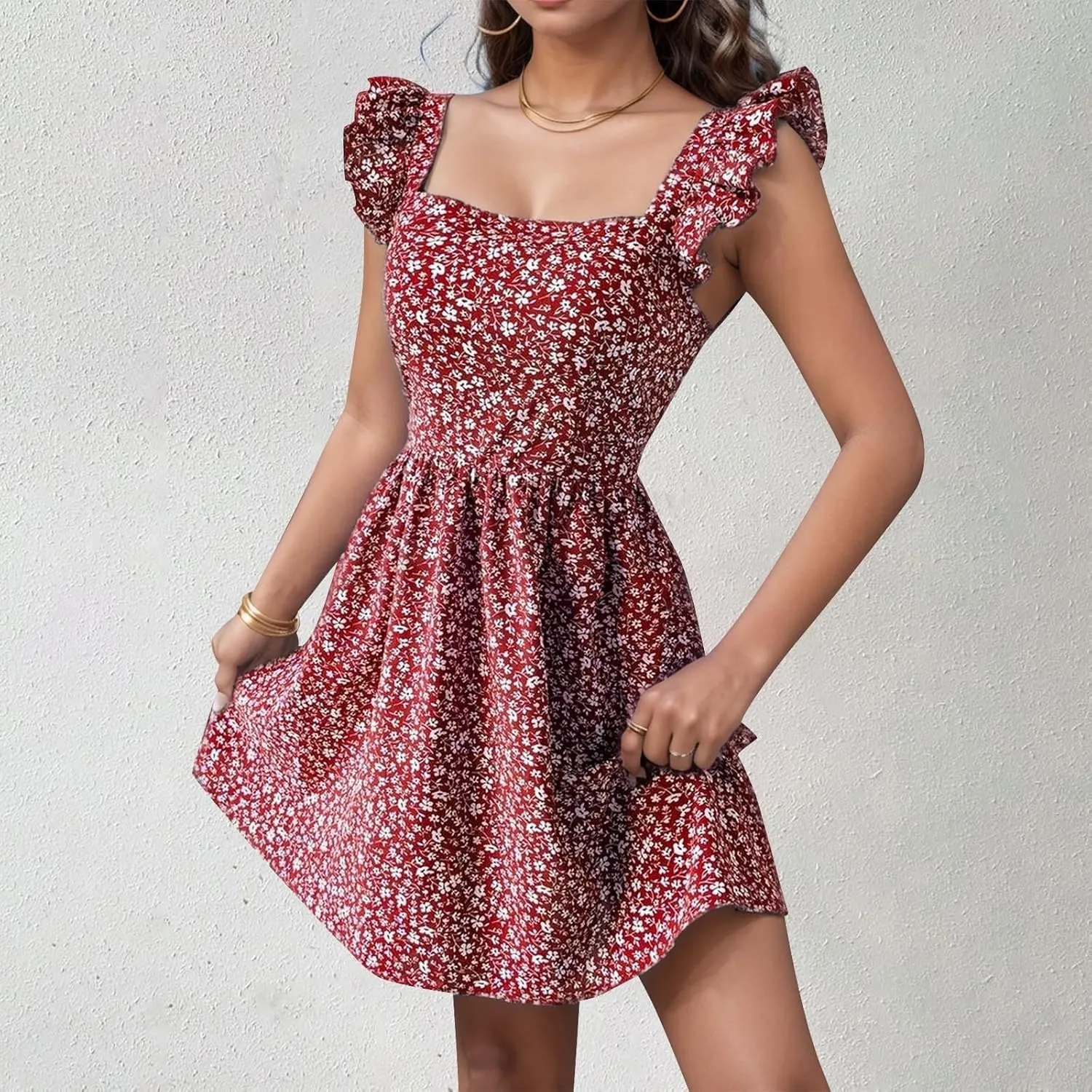 Womens Square Neck Ruffle Strap Mini Dresses High Waist Tunic Floral Bohemia Elegant Sundress 2024 Summer Beach Holiday Dress