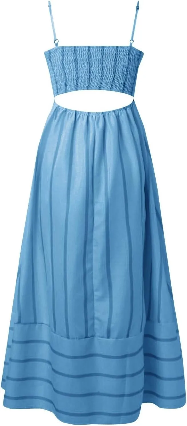 Women's Striped Back Smocked Maxi Dress Sexy Spaghetti Strap Dress Cut Out Flowy Swing Long Dresses
