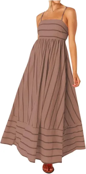 Women's Striped Back Smocked Maxi Dress Sexy Spaghetti Strap Dress Cut Out Flowy Swing Long Dresses