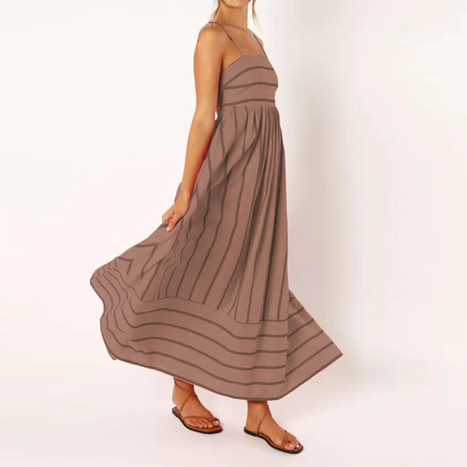 Women's Striped Back Smocked Maxi Dress Sexy Spaghetti Strap Dress Cut Out Flowy Swing Long Dresses