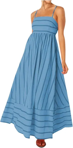 Women's Striped Back Smocked Maxi Dress Sexy Spaghetti Strap Dress Cut Out Flowy Swing Long Dresses
