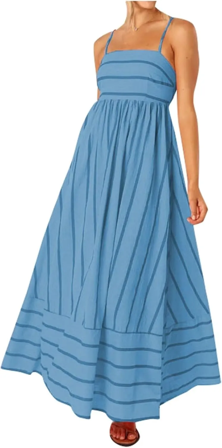 Women's Striped Back Smocked Maxi Dress Sexy Spaghetti Strap Dress Cut Out Flowy Swing Long Dresses