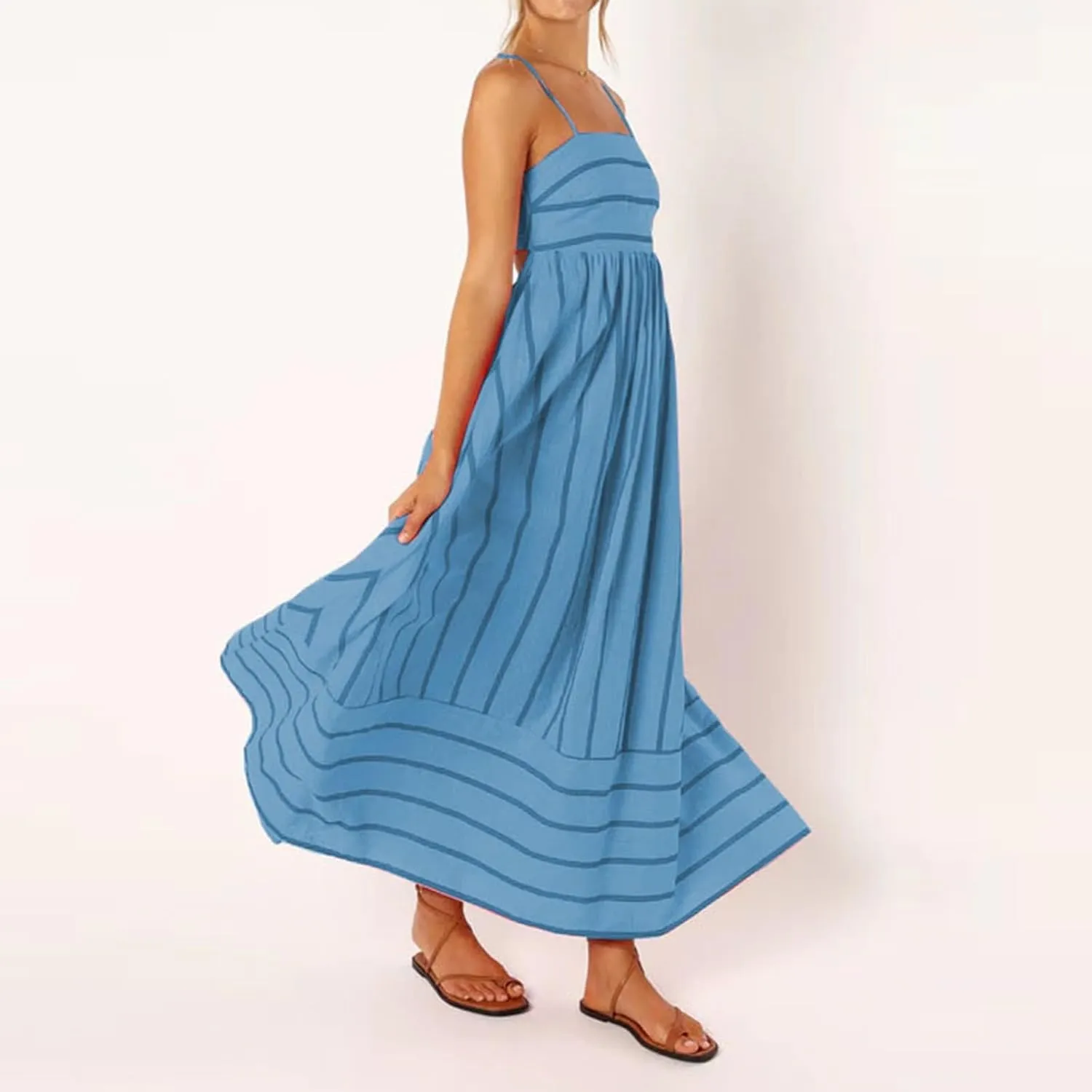 Women's Striped Back Smocked Maxi Dress Sexy Spaghetti Strap Dress Cut Out Flowy Swing Long Dresses