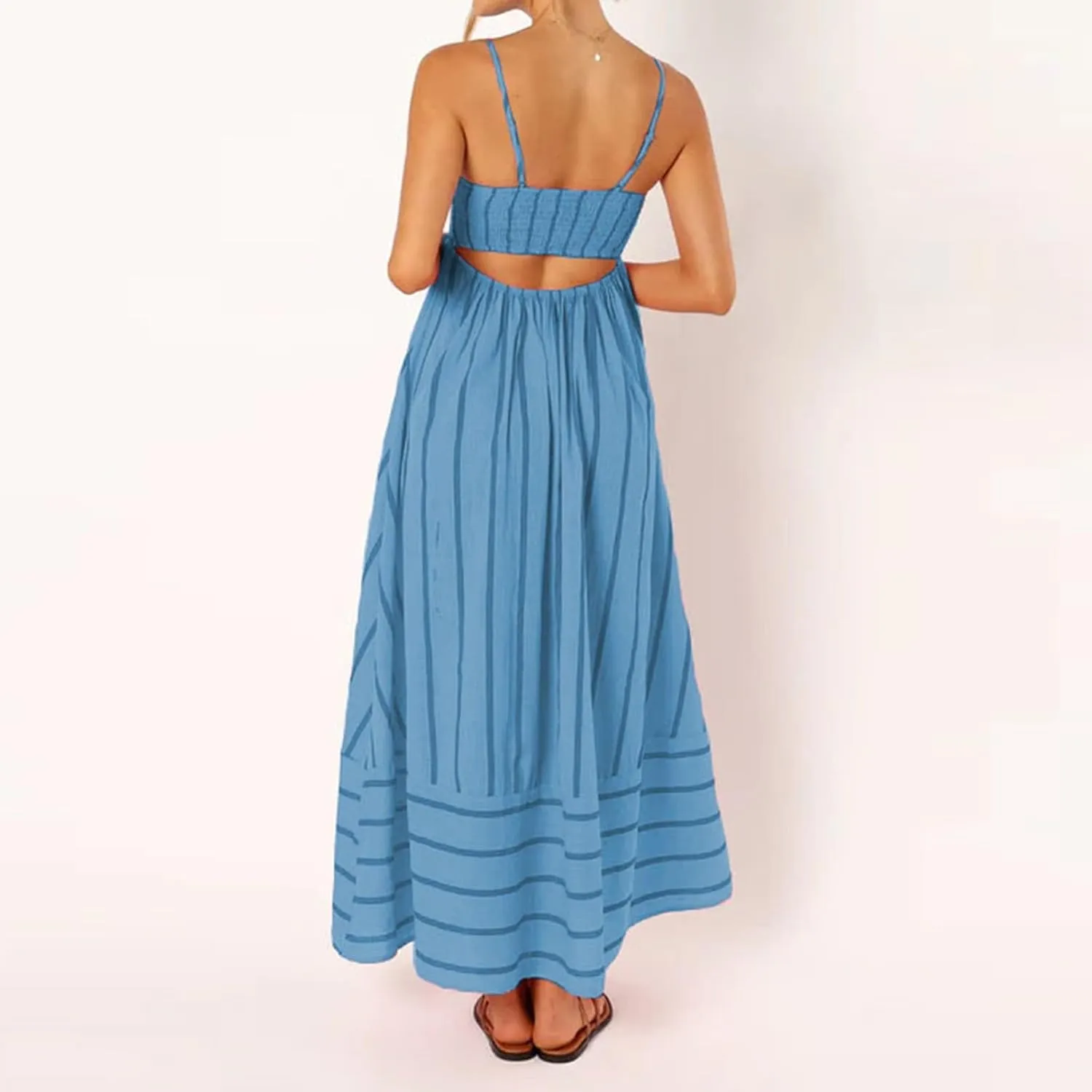 Women's Striped Back Smocked Maxi Dress Sexy Spaghetti Strap Dress Cut Out Flowy Swing Long Dresses