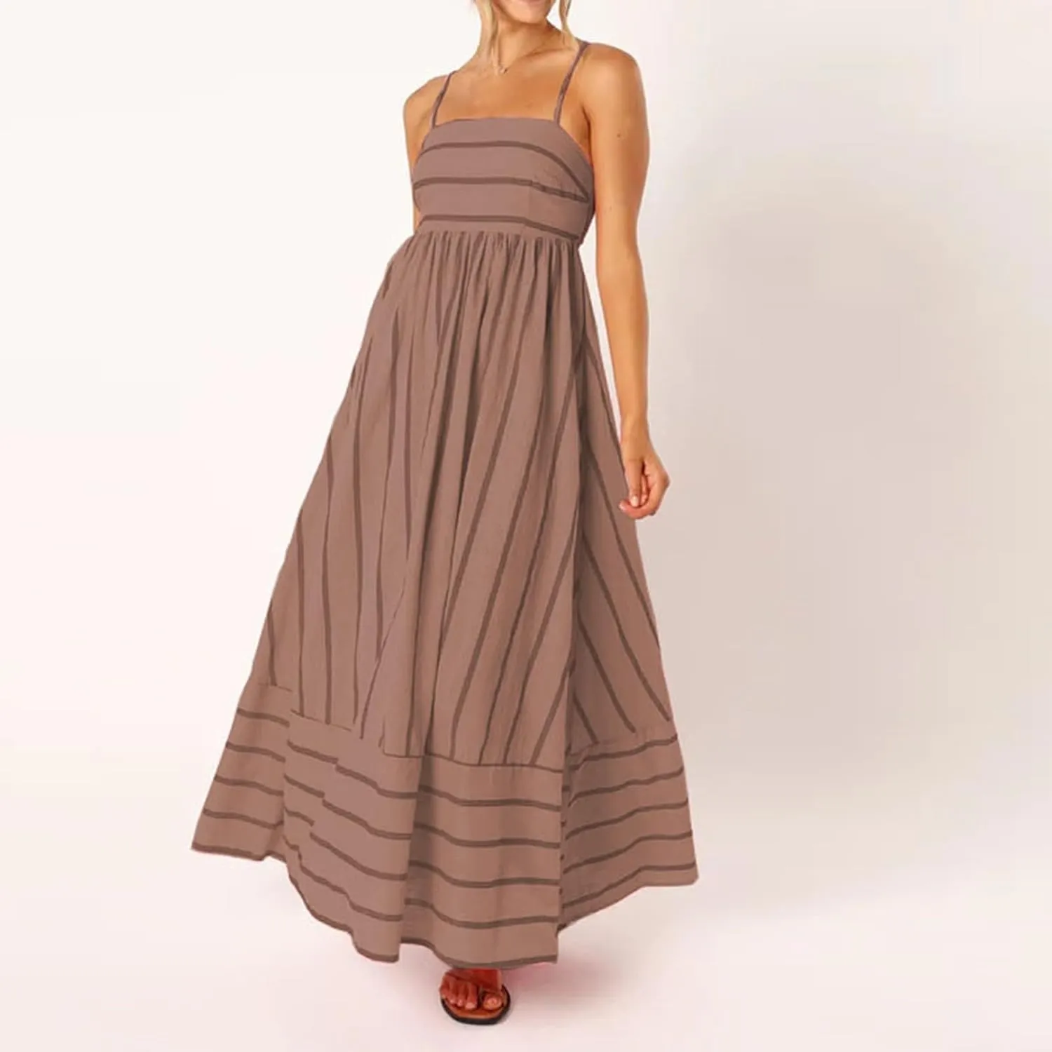 Women's Striped Back Smocked Maxi Dress Sexy Spaghetti Strap Dress Cut Out Flowy Swing Long Dresses