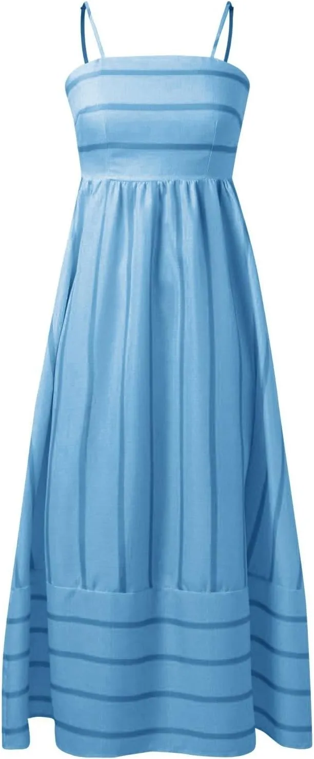 Women's Striped Back Smocked Maxi Dress Sexy Spaghetti Strap Dress Cut Out Flowy Swing Long Dresses