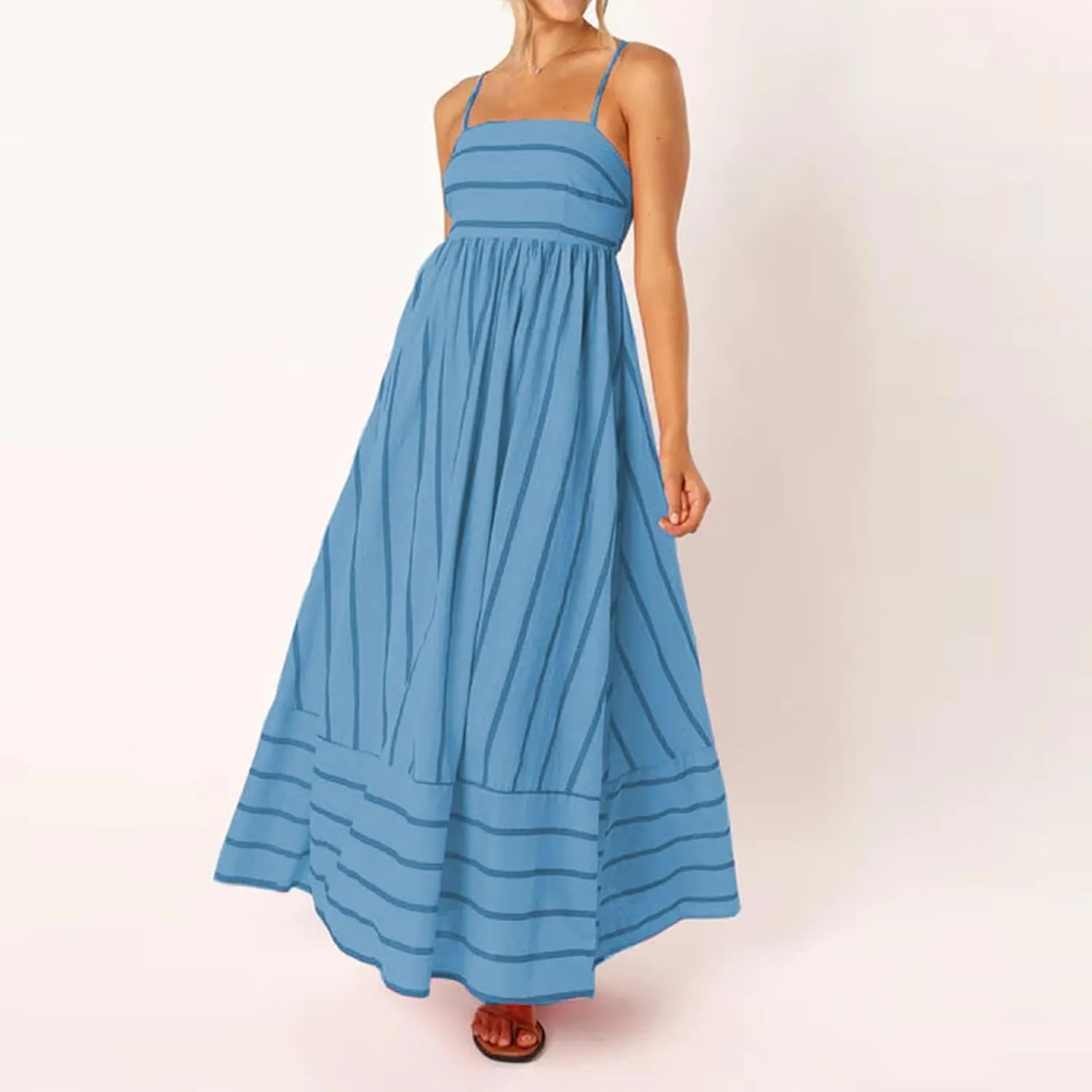 Women's Striped Back Smocked Maxi Dress Sexy Spaghetti Strap Dress Cut Out Flowy Swing Long Dresses