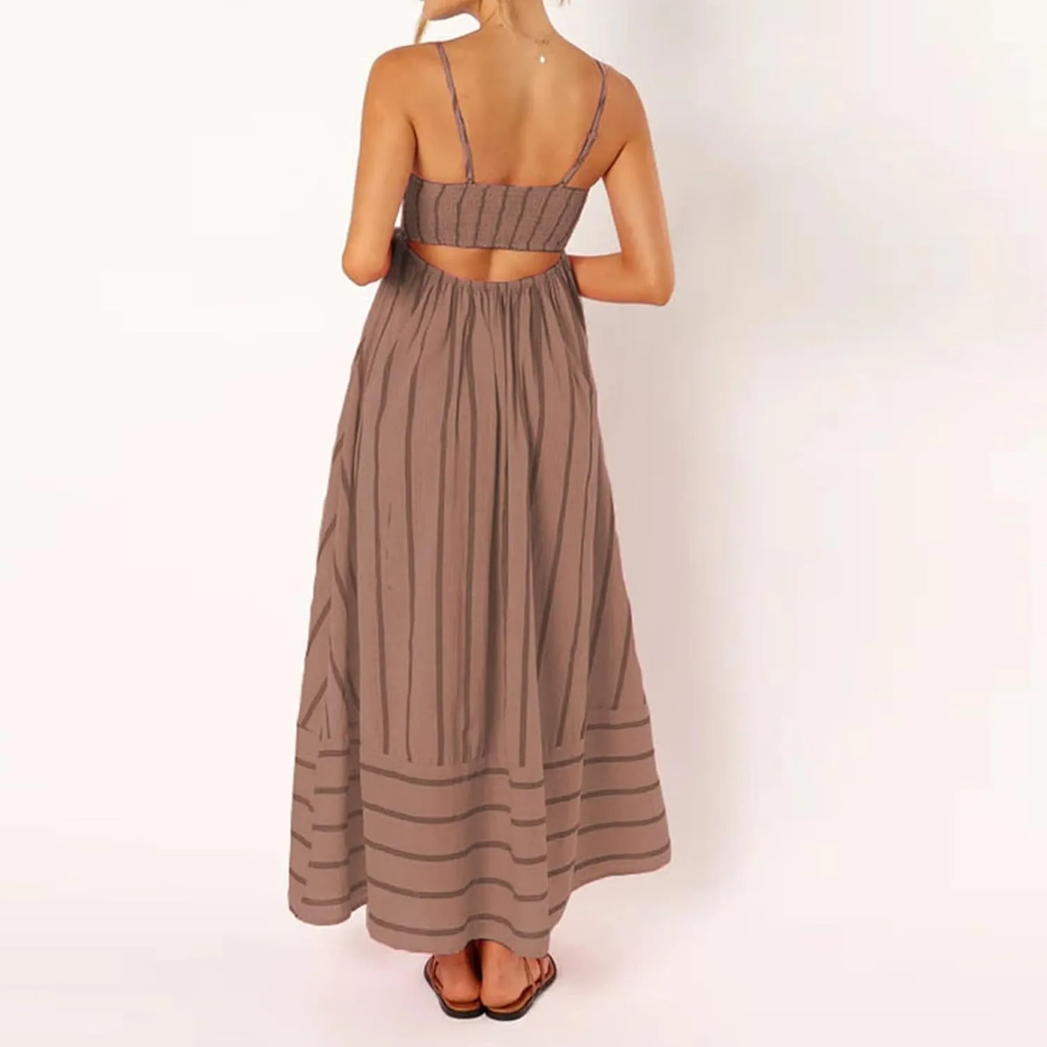 Women's Striped Back Smocked Maxi Dress Sexy Spaghetti Strap Dress Cut Out Flowy Swing Long Dresses