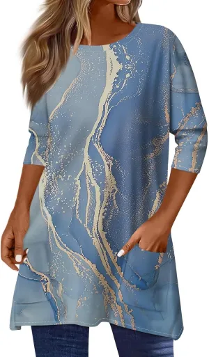 Womens Summer 3/4 Length Sleeve Tunic Tops Trendy Plus Size Flowy Long Sleeve Shirts Casual Elegant Floral Blouses