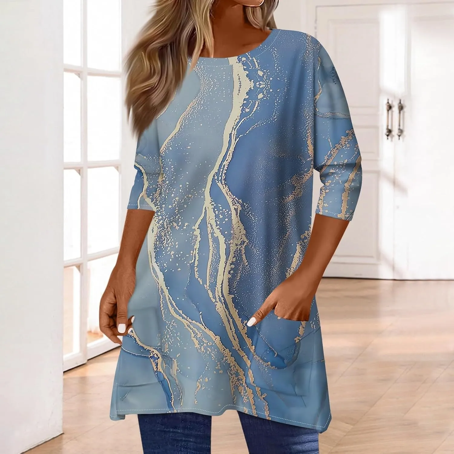 Womens Summer 3/4 Length Sleeve Tunic Tops Trendy Plus Size Flowy Long Sleeve Shirts Casual Elegant Floral Blouses