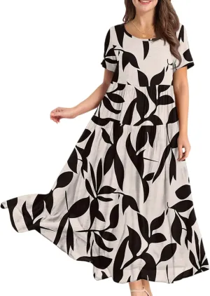 Women's Summer Bohemian Floral Pattern A Line Short Sleeve High Neck Strapless Pleated Swing Vacation Midi Dresses