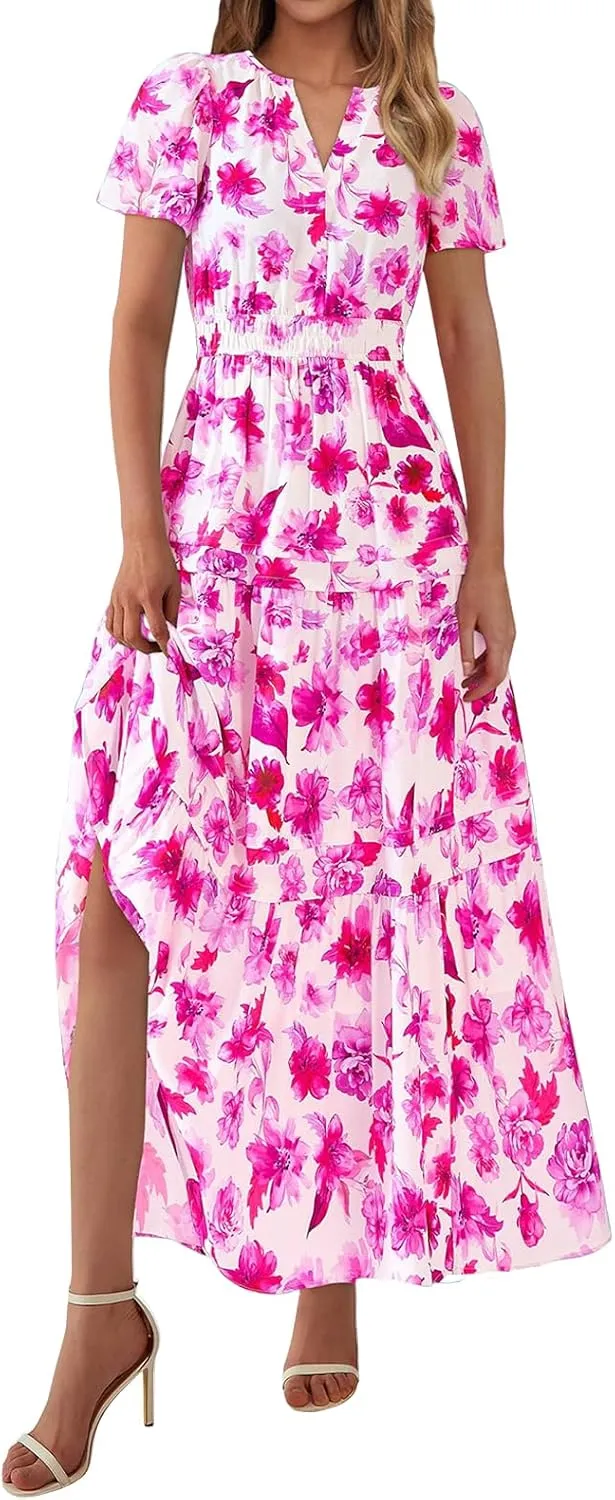 Womens Summer Boho Dress Casual V Neck Short Sleeve Maxi Dress A Line Tiered Ruffle Flowy Vacation Beach Dresses