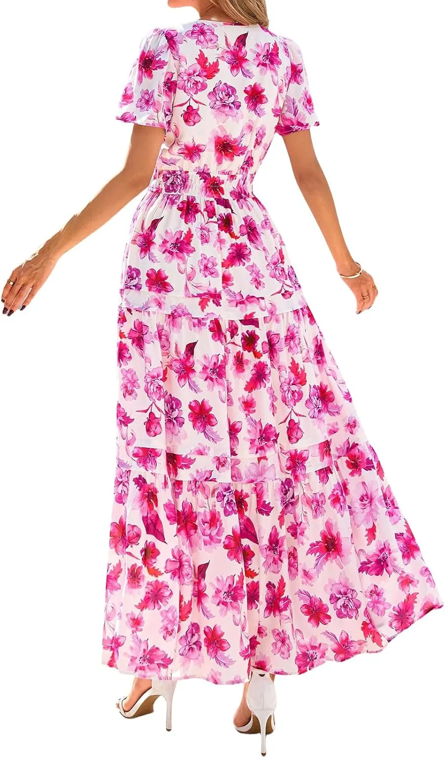 Womens Summer Boho Dress Casual V Neck Short Sleeve Maxi Dress A Line Tiered Ruffle Flowy Vacation Beach Dresses