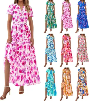 Womens Summer Boho Dress Casual V Neck Short Sleeve Maxi Dress A Line Tiered Ruffle Flowy Vacation Beach Dresses