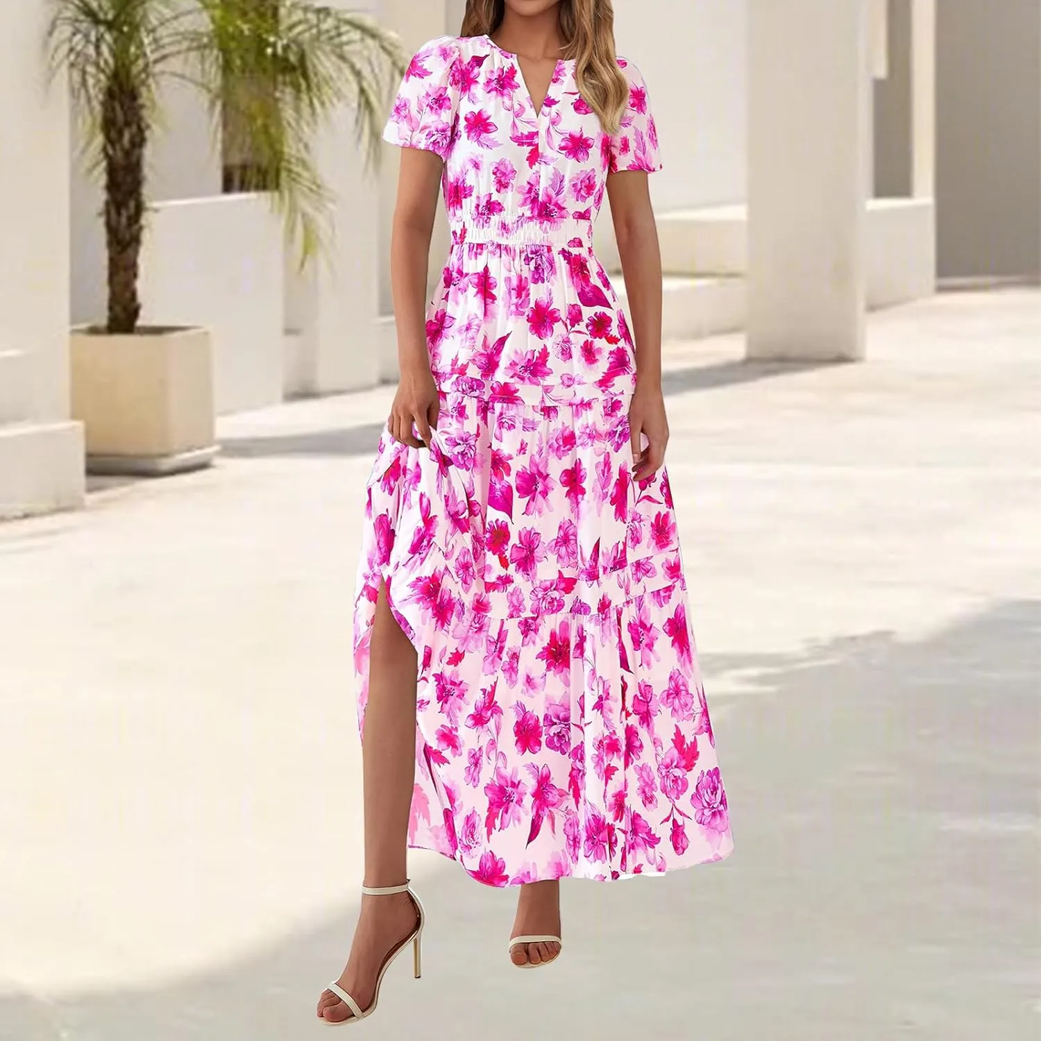 Womens Summer Boho Dress Casual V Neck Short Sleeve Maxi Dress A Line Tiered Ruffle Flowy Vacation Beach Dresses