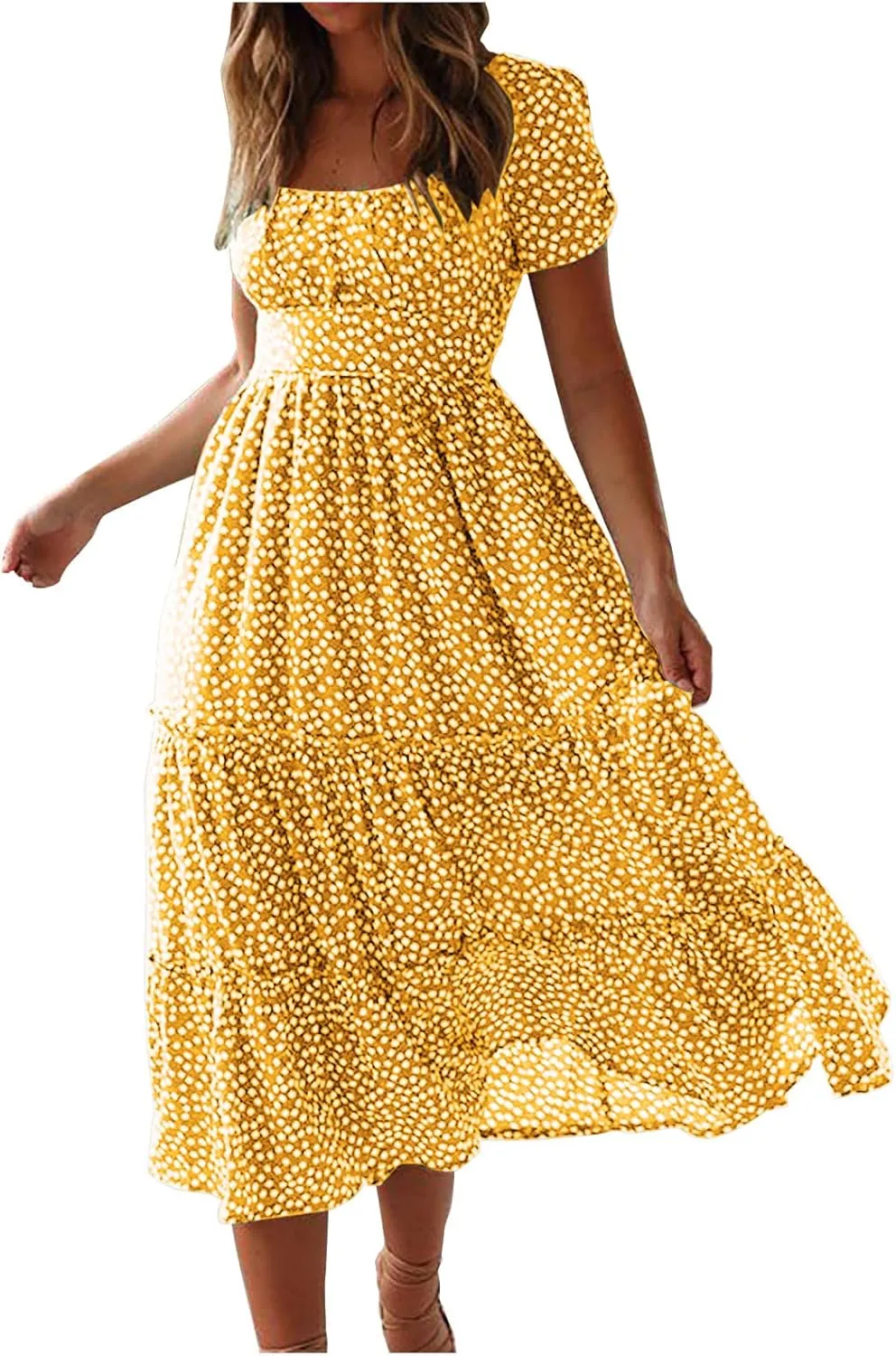 Women's Summer Boho Floral Dress Fashion Pleated Multi-Layer Ruffle Trim Long Dress Beach Vacation Outfits