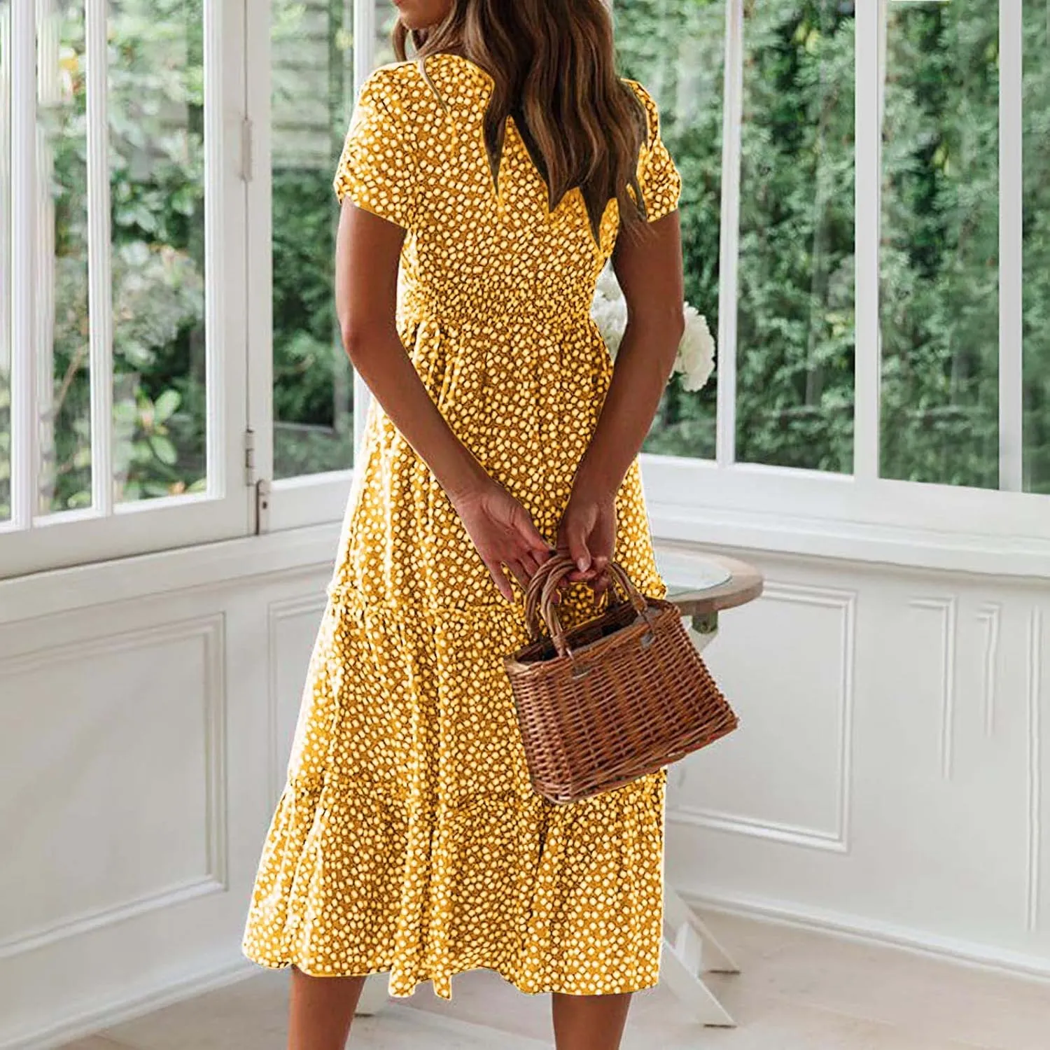 Women's Summer Boho Floral Dress Fashion Pleated Multi-Layer Ruffle Trim Long Dress Beach Vacation Outfits