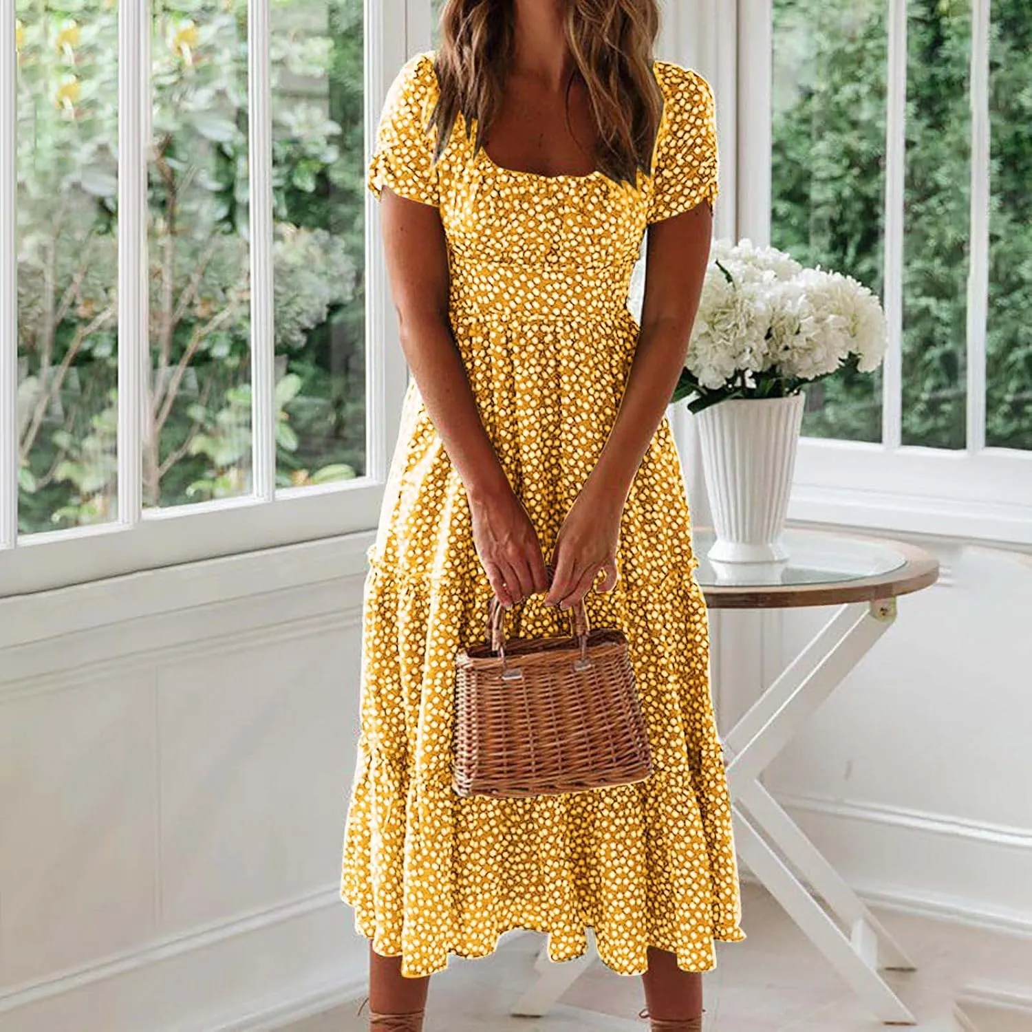 Women's Summer Boho Floral Dress Fashion Pleated Multi-Layer Ruffle Trim Long Dress Beach Vacation Outfits