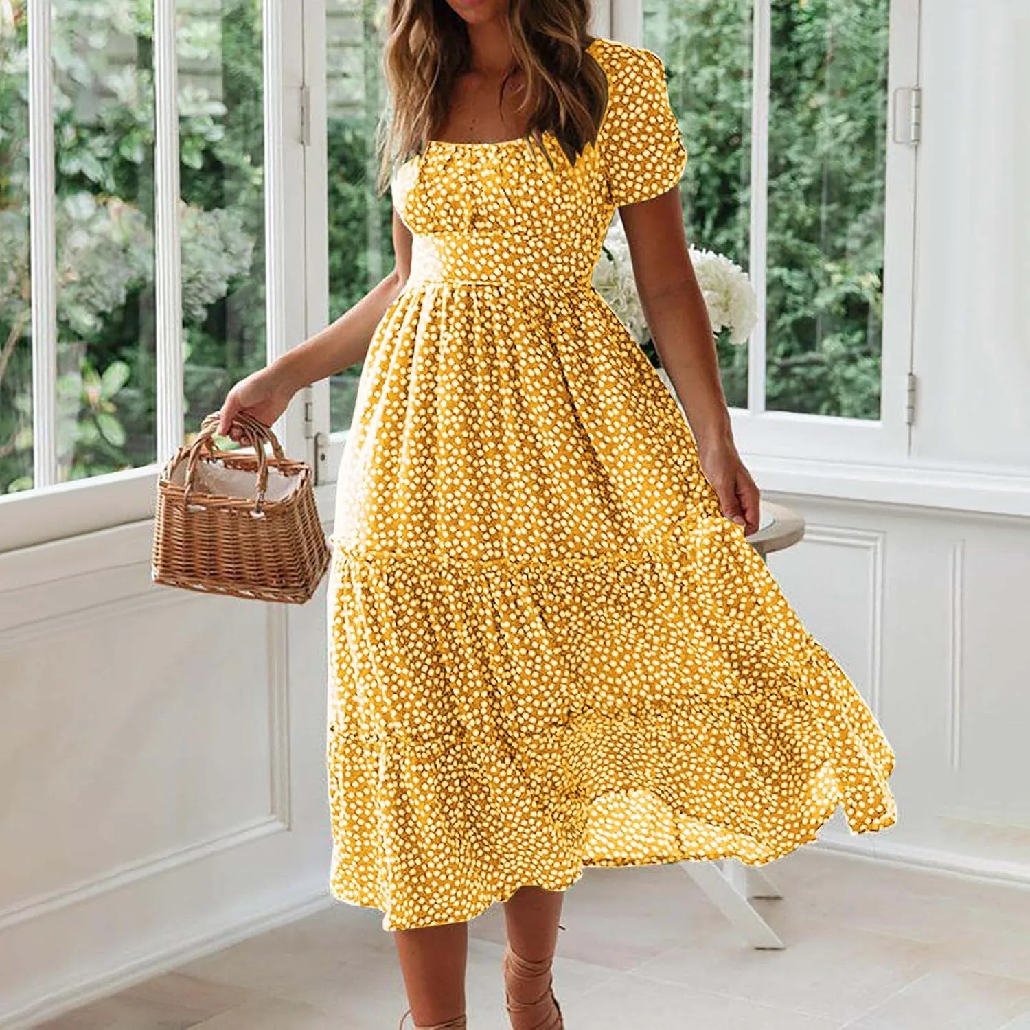 Women's Summer Boho Floral Dress Fashion Pleated Multi-Layer Ruffle Trim Long Dress Beach Vacation Outfits