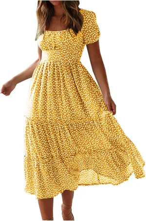 Women's Summer Boho Floral Dress Fashion Pleated Multi-Layer Ruffle Trim Long Dress Beach Vacation Outfits