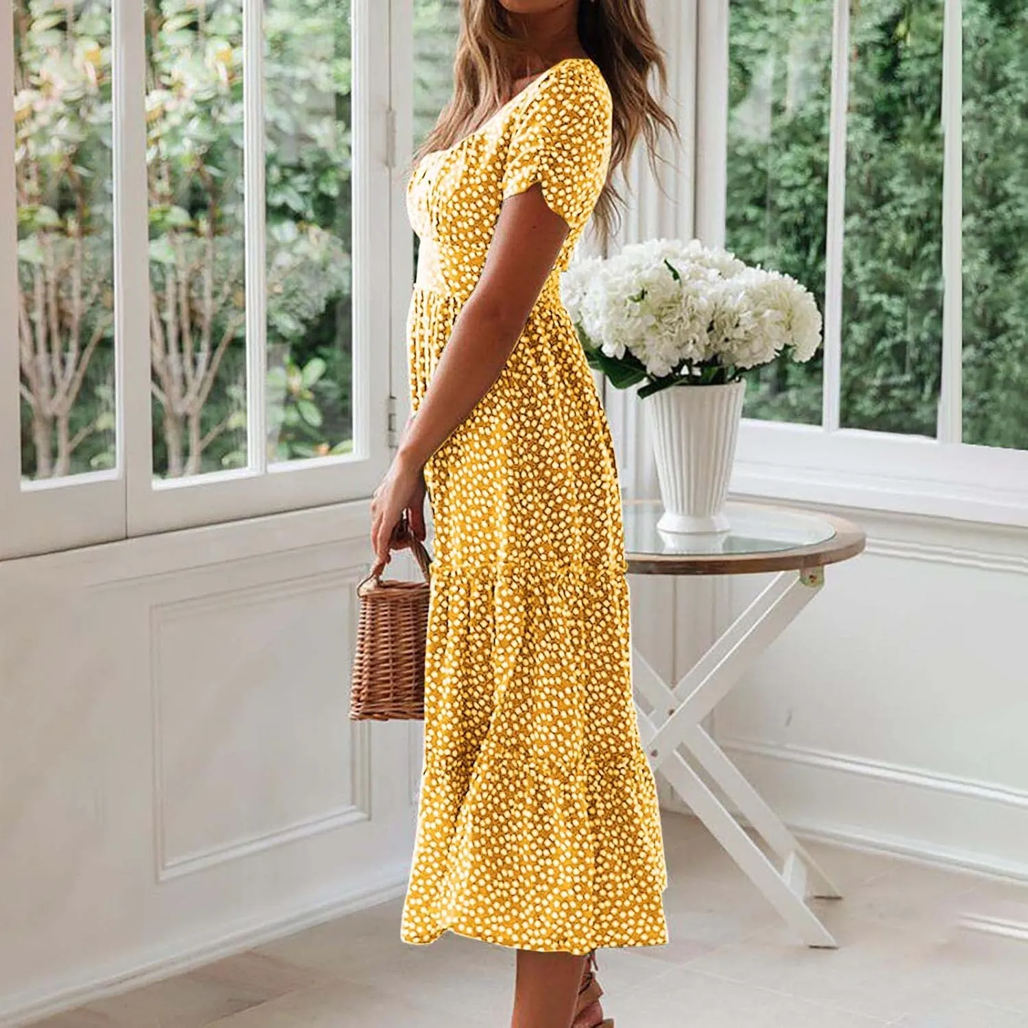 Women's Summer Boho Floral Dress Fashion Pleated Multi-Layer Ruffle Trim Long Dress Beach Vacation Outfits