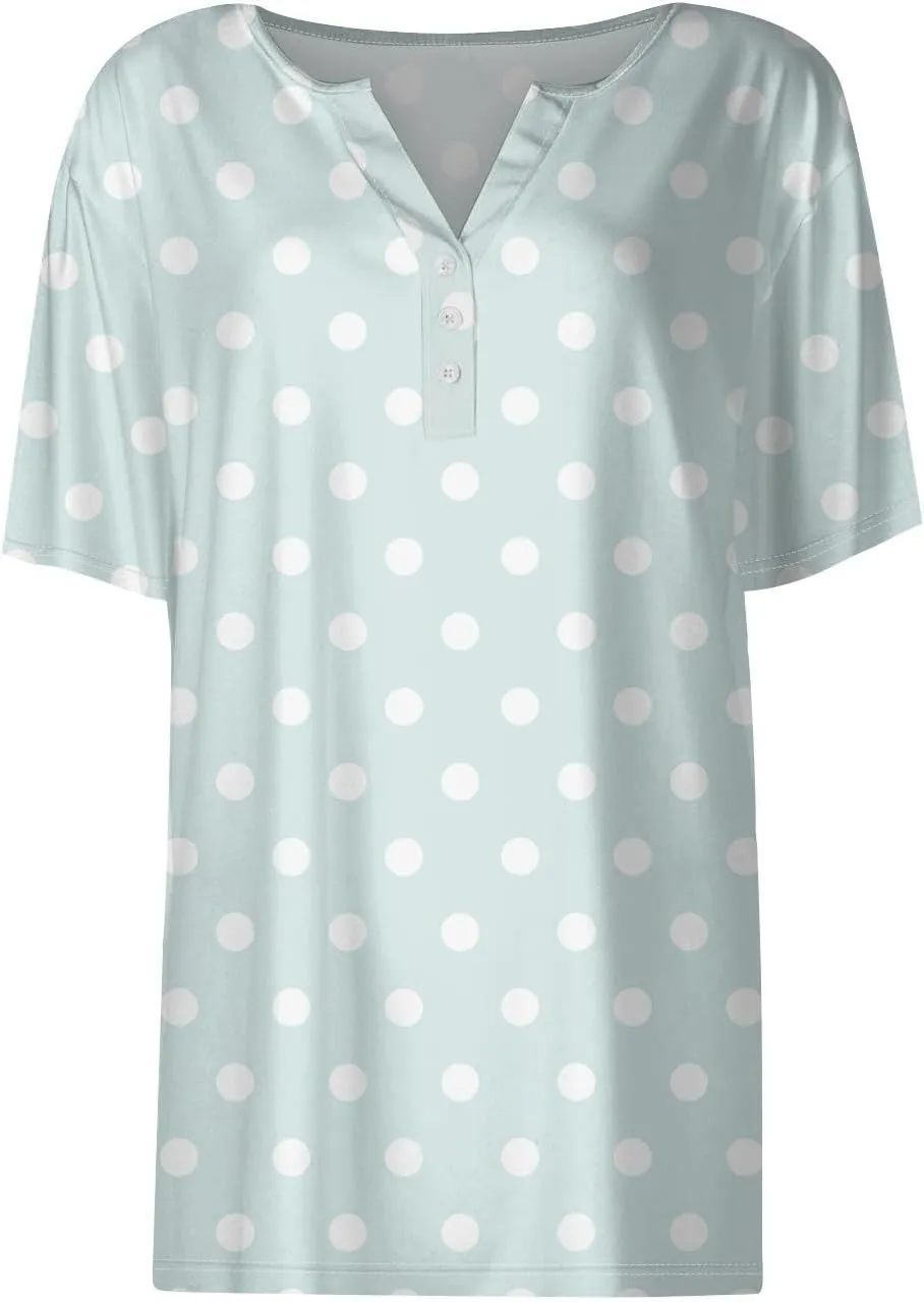 Women's Summer Casual Loose Tops V-Neck Short Sleeve Button Plaid Polka Dot Printed T-Shirt Plus, S-3XL