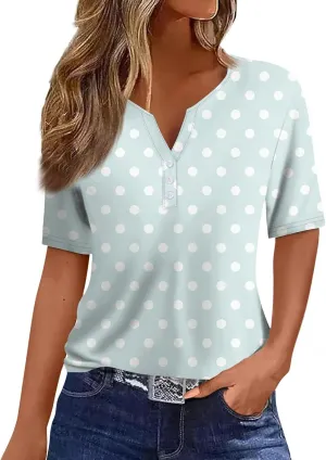 Women's Summer Casual Loose Tops V-Neck Short Sleeve Button Plaid Polka Dot Printed T-Shirt Plus, S-3XL