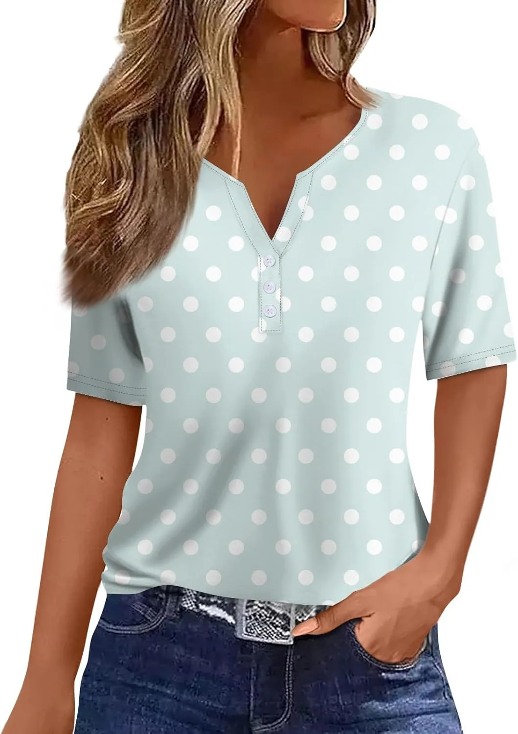Women's Summer Casual Loose Tops V-Neck Short Sleeve Button Plaid Polka Dot Printed T-Shirt Plus, S-3XL