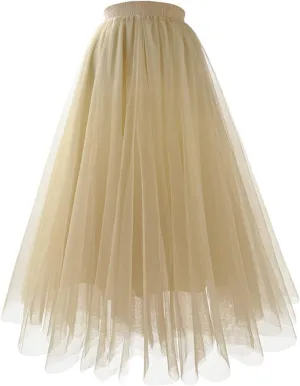 Women's Summer Casual Loose Trendy Elastic High Waist Solid Color Long Maxi Party Dance Fluffy Mesh Tulle Skirts 2025