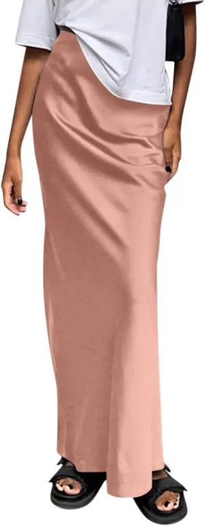 Women's Summer Casual Maxi Slim Skirt High Waist Elastic Solid Glossy Skirts