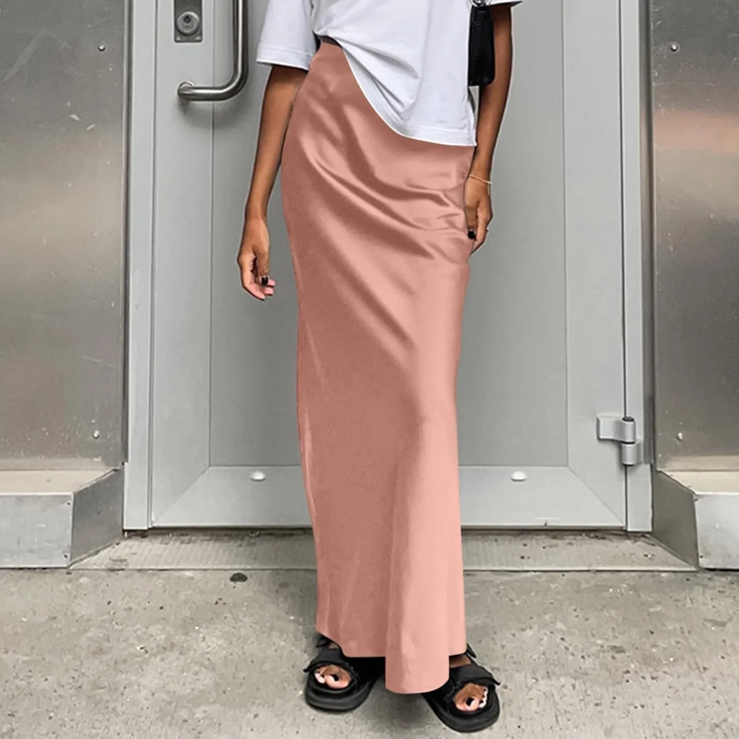 Women's Summer Casual Maxi Slim Skirt High Waist Elastic Solid Glossy Skirts