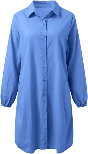 Women's Summer Cotton Half Sleeves Button Down Casual Loose Slit Midi Dress with Pockets Cotton Maxi Shirt Button Down Dress