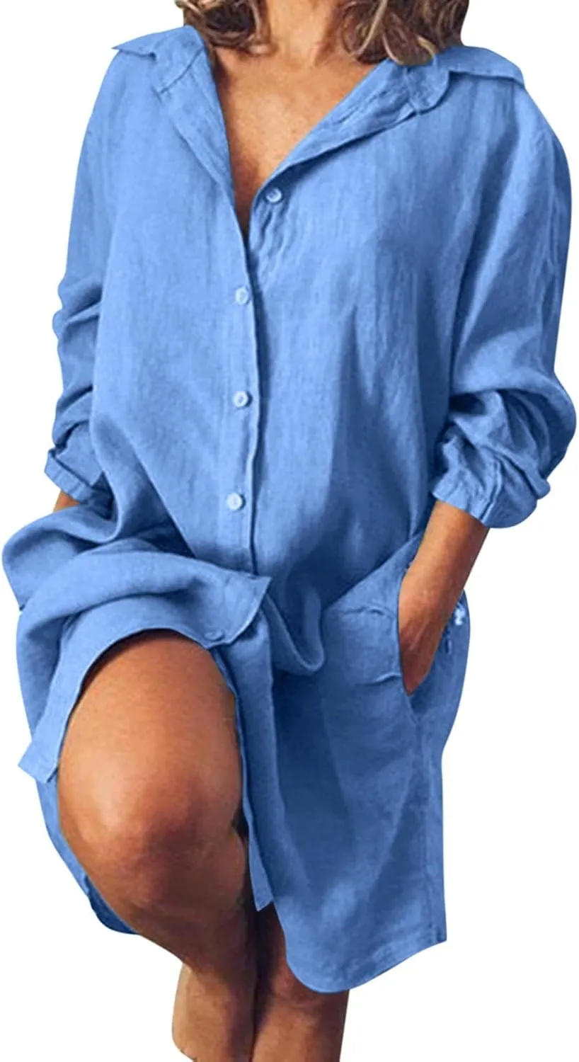 Women's Summer Cotton Half Sleeves Button Down Casual Loose Slit Midi Dress with Pockets Cotton Maxi Shirt Button Down Dress