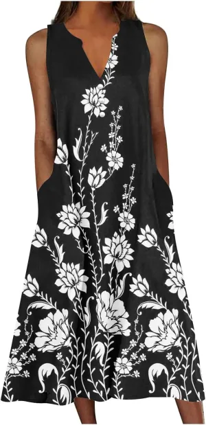 Womens Summer Design Casual Dress Fashion Floral Printed Elegant Dress Sleeveless V-Neck Long Dress with Pockets