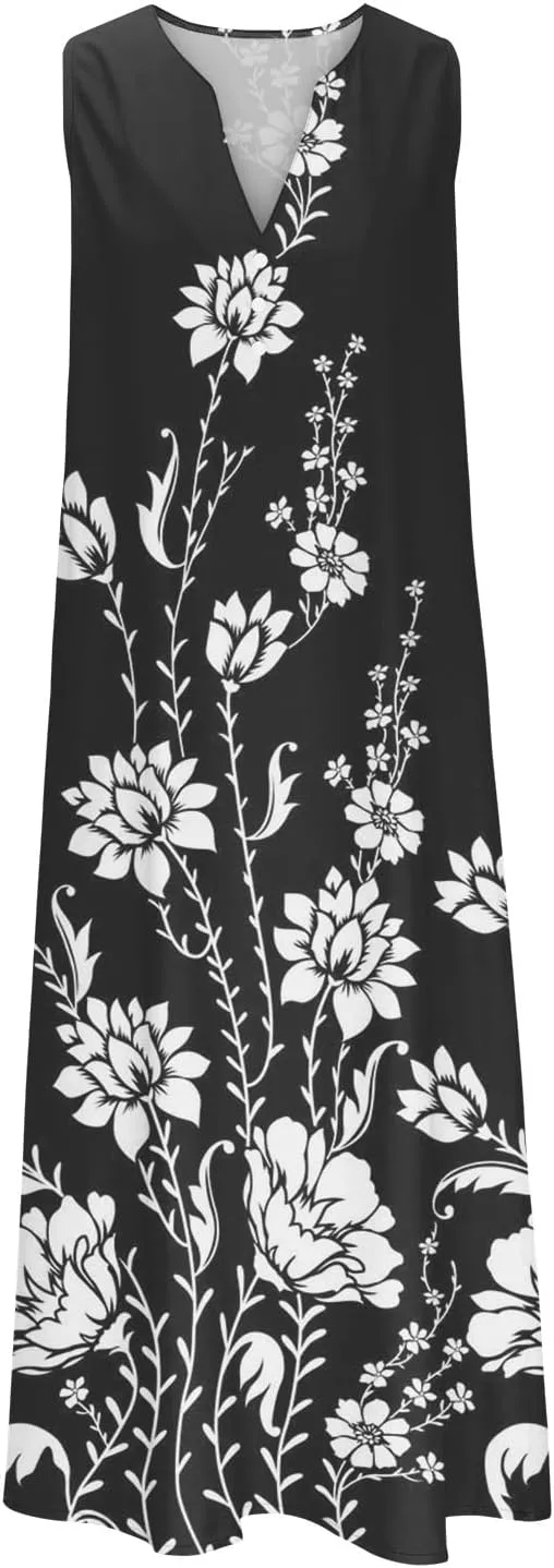 Womens Summer Design Casual Dress Fashion Floral Printed Elegant Dress Sleeveless V-Neck Long Dress with Pockets