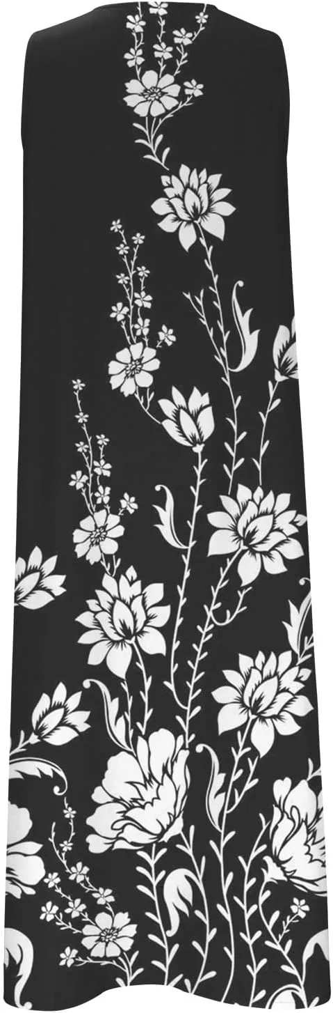 Womens Summer Design Casual Dress Fashion Floral Printed Elegant Dress Sleeveless V-Neck Long Dress with Pockets